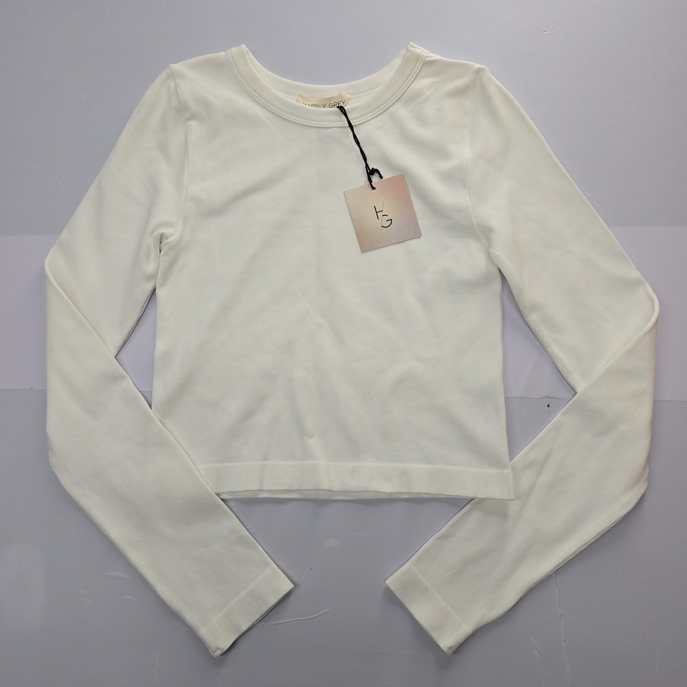 Happily‎ Grey White Ribbed Cropped Long Sleeve Top Women's M L NWT